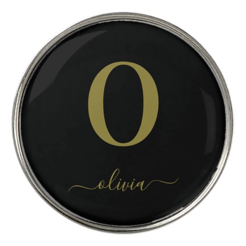 Monogram Script Name Personalized Black And Gold Golf Ball Marker