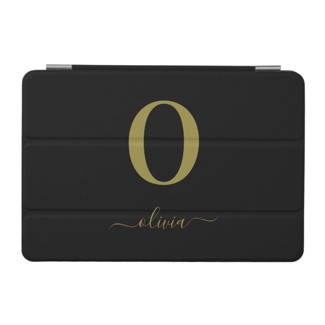 Monogram Script Name Personalized Black And Gold iPad Mini Cover (Horizontal)