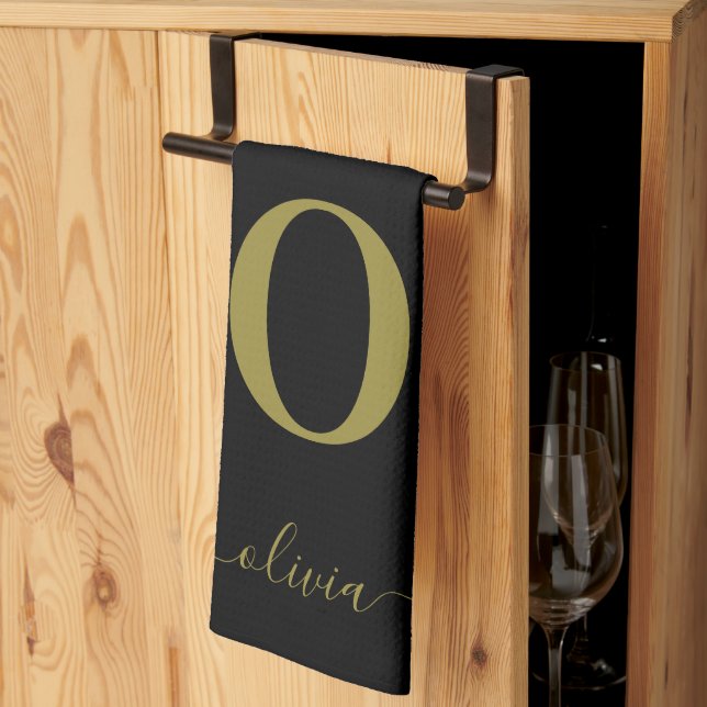 Monogram Script Name Personalized Black And Gold Kitchen Towel (Thirds Fold)