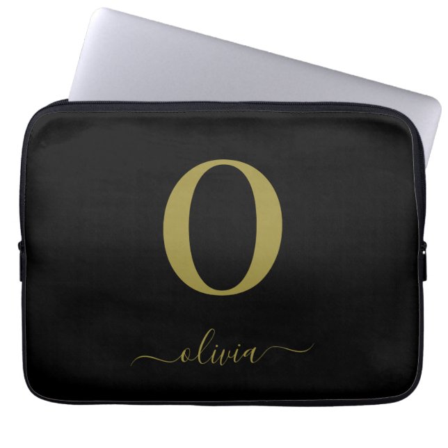 Monogram Script Name Personalized Black And Gold Laptop Sleeve (Front)