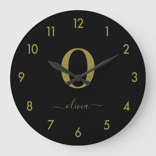 Monogram Script Name Personalized Black And Gold Large Clock (Front)
