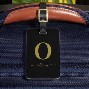 Monogram Script Name Personalized Black And Gold Luggage Tag