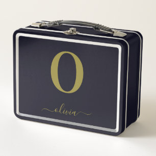 Monogram Script Name Personalized Black And Gold Metal Lunch Box