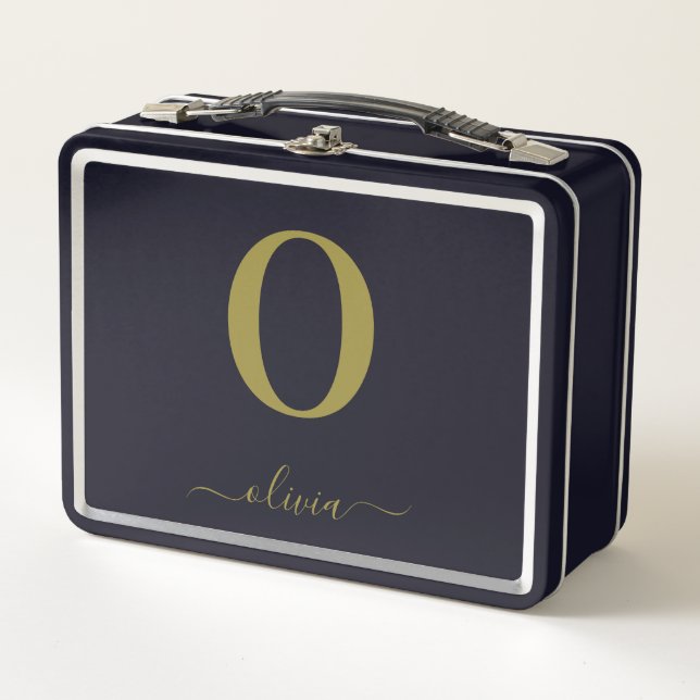 Monogram Script Name Personalized Black And Gold Metal Lunch Box (Front)