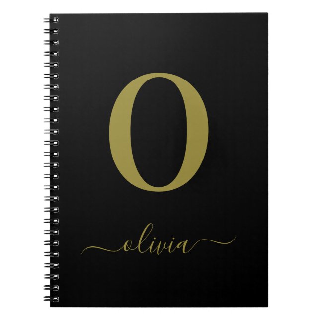 Monogram Script Name Personalized Black And Gold Notebook (Front)