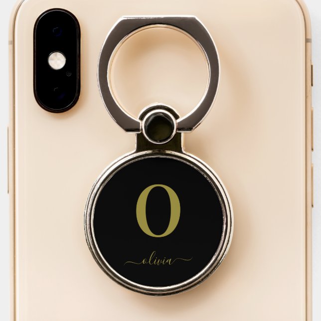 Monogram Script Name Personalized Black And Gold Phone Ring Stand (Close Up)
