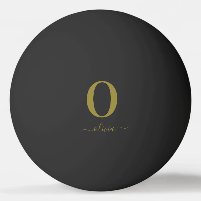 Monogram Script Name Personalized Black And Gold Ping Pong Ball (Front)