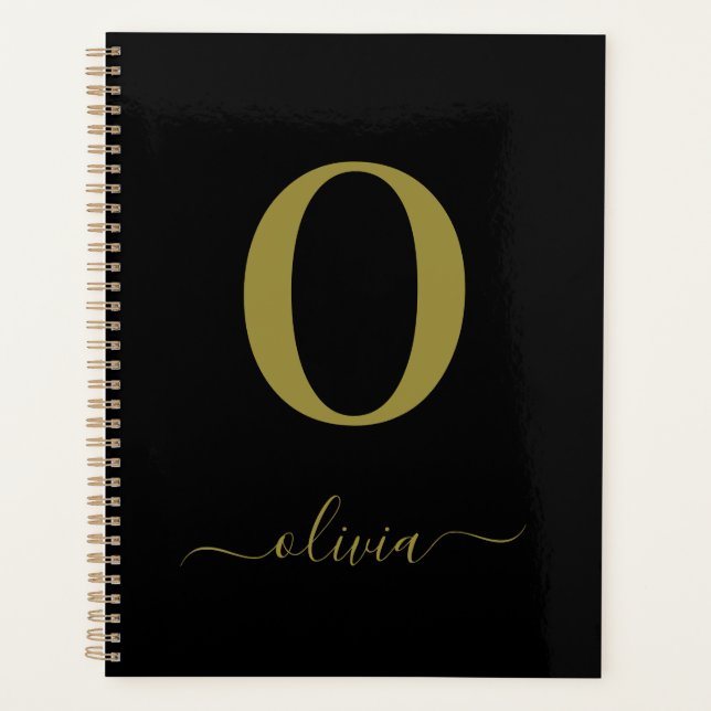 Monogram Script Name Personalized Black And Gold Planner (Front)