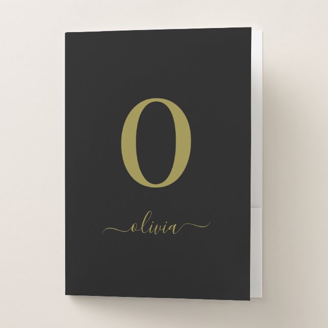 Monogram Script Name Personalized Black And Gold Pocket Folder (Front)