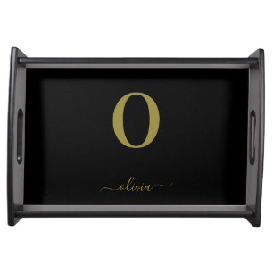 Monogram Script Name Personalized Black And Gold Serving Tray