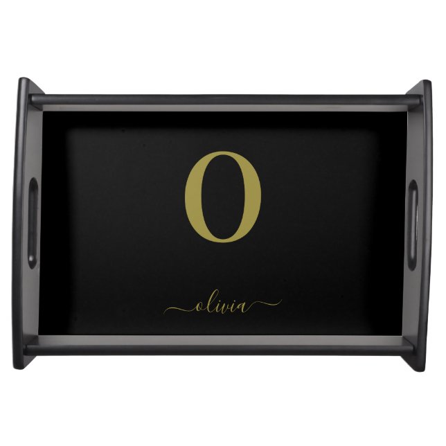 Monogram Script Name Personalized Black And Gold Serving Tray (Front)