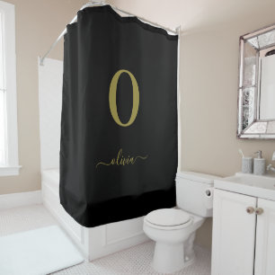 Monogram Script Name Personalized Black And Gold Shower Curtain