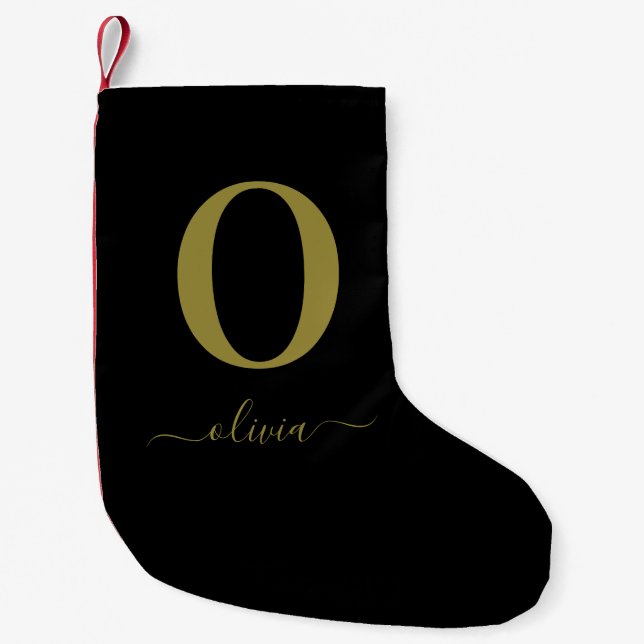 Monogram Script Name Personalized Black And Gold Small Christmas Stocking (Front)