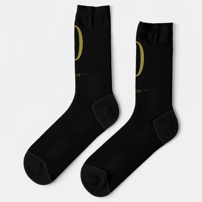 Monogram Script Name Personalized Black And Gold Socks (Left)