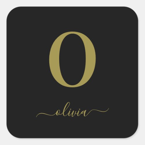 Monogram Script Name Personalized Black And Gold Square Sticker