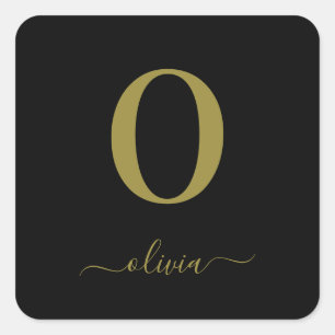 Monogram Script Name Personalized Black And Gold Square Sticker