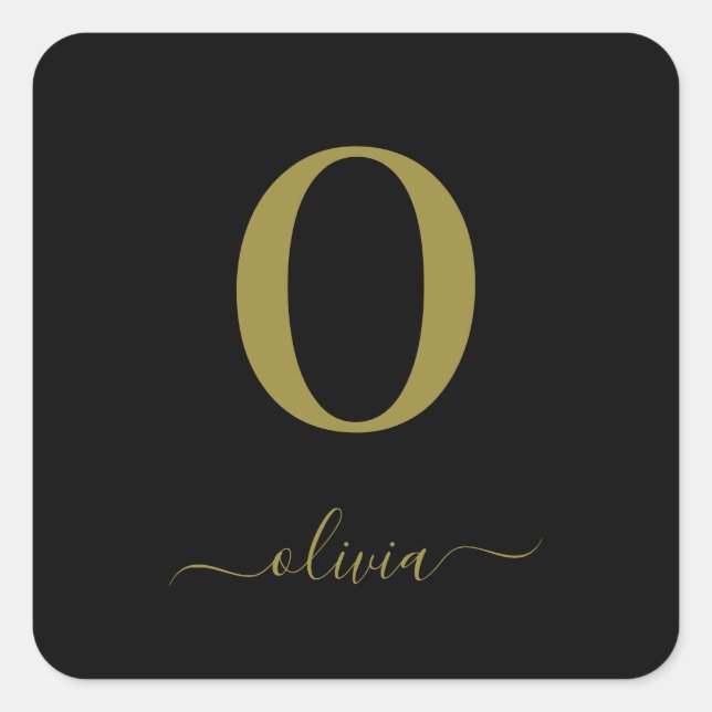 Monogram Script Name Personalized Black And Gold Square Sticker (Front)