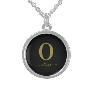 Monogram Script Name Personalized Black And Gold Sterling Silver Necklace