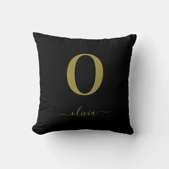 Monogram Script Name Personalized Black And Gold Throw Pillow (Front)