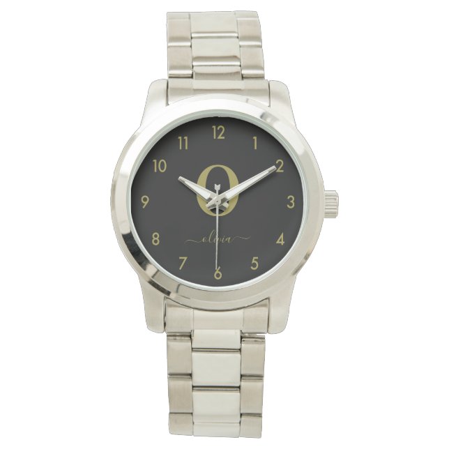 Monogram Script Name Personalized Black And Gold Watch (Front)