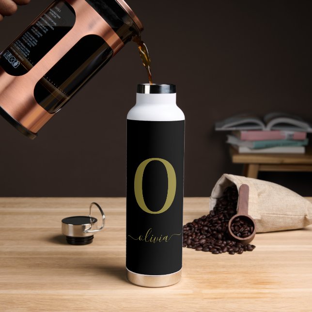 Monogram Script Name Personalized Black And Gold Water Bottle (Coffee)