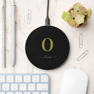Monogram Script Name Personalized Black And Gold Wireless Charger