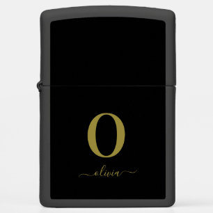 Monogram Script Name Personalized Black And Gold Zippo Lighter