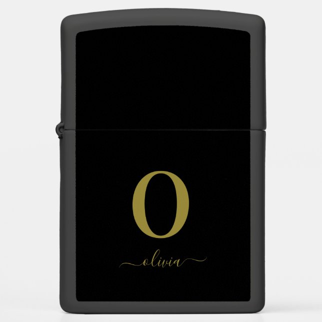 Monogram Script Name Personalized Black And Gold Zippo Lighter (Front)