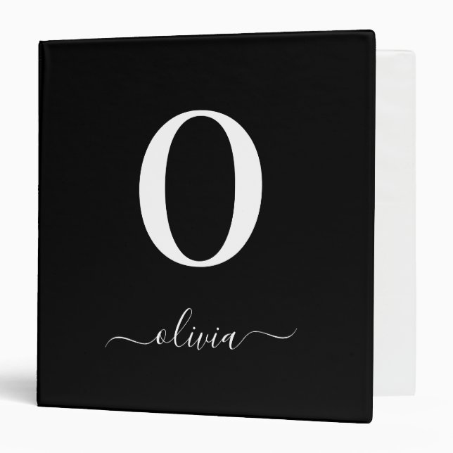 Monogram Script Name Personalized Black And White 3 Ring Binder (Front/Inside)
