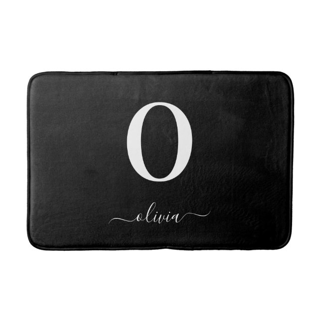 Monogram Script Name Personalized Black And White Bath Mat (Front)