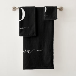 Monogram Script Name Personalized Black And White Bath Towel Set
