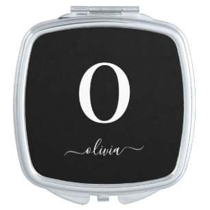 Monogram Script Name Personalized Black And White Compact Mirror