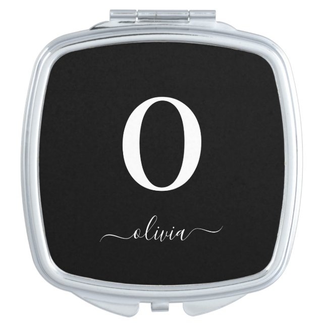 Monogram Script Name Personalized Black And White Compact Mirror (Front)