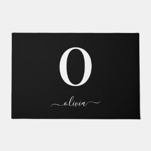 Monogram Script Name Personalized Black And White Doormat