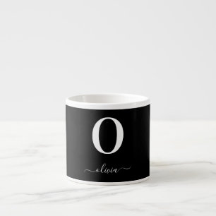 Monogram Script Name Personalized Black And White Espresso Cup