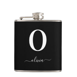 Monogram Script Name Personalized Black And White Flask