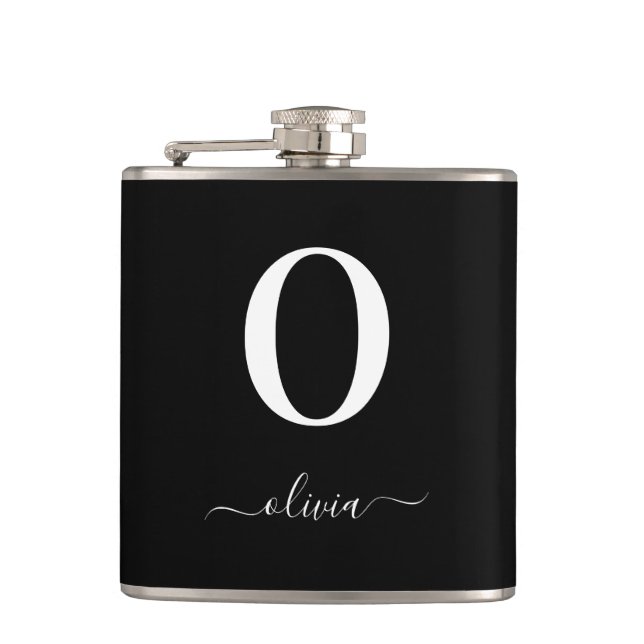 Monogram Script Name Personalized Black And White Flask (Front)