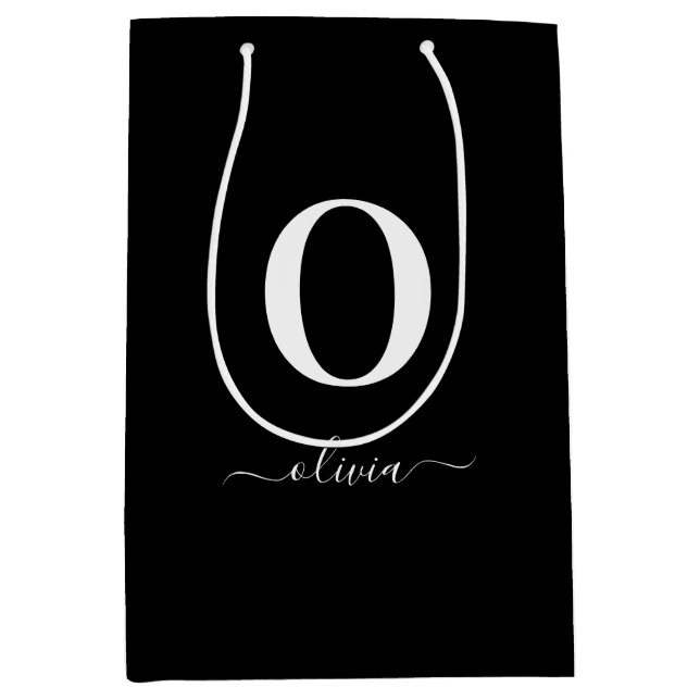 Monogram Script Name Personalized Black And White Medium Gift Bag (Front)