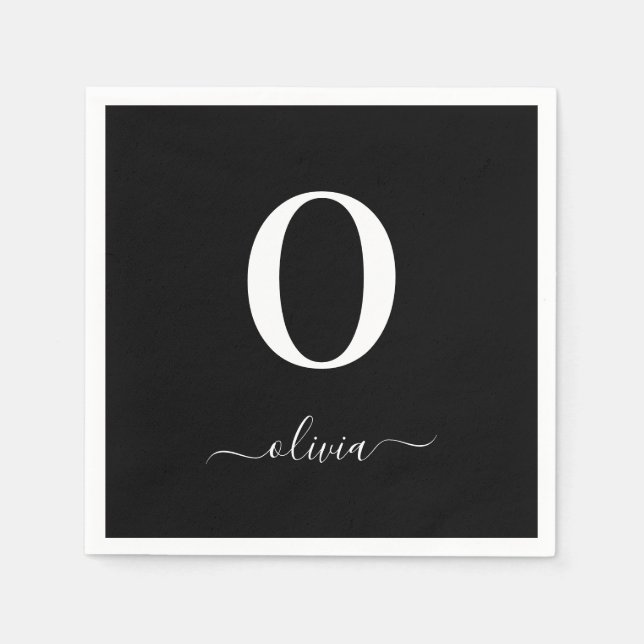 Monogram Script Name Personalized Black And White Napkins (Front)