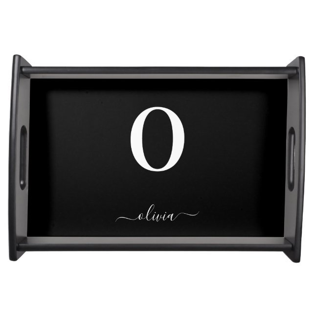 Monogram Script Name Personalized Black And White Serving Tray (Front)