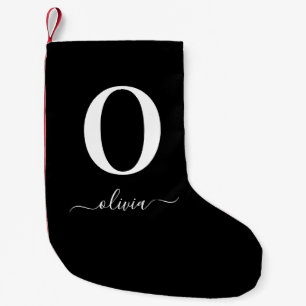 Monogram Script Name Personalized Black And White Small Christmas Stocking
