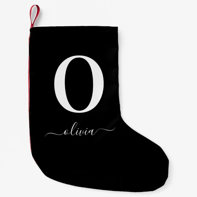 Monogram Script Name Personalized Black And White Small Christmas Stocking (Front)