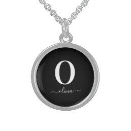 Monogram Script Name Personalized Black And White Sterling Silver Necklace