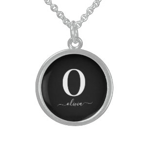 Monogram Script Name Personalized Black And White Sterling Silver Necklace