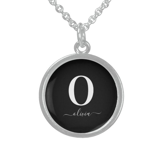 Monogram Script Name Personalized Black And White Sterling Silver Necklace (Front)