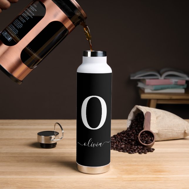 Monogram Script Name Personalized Black And White Water Bottle (Coffee)