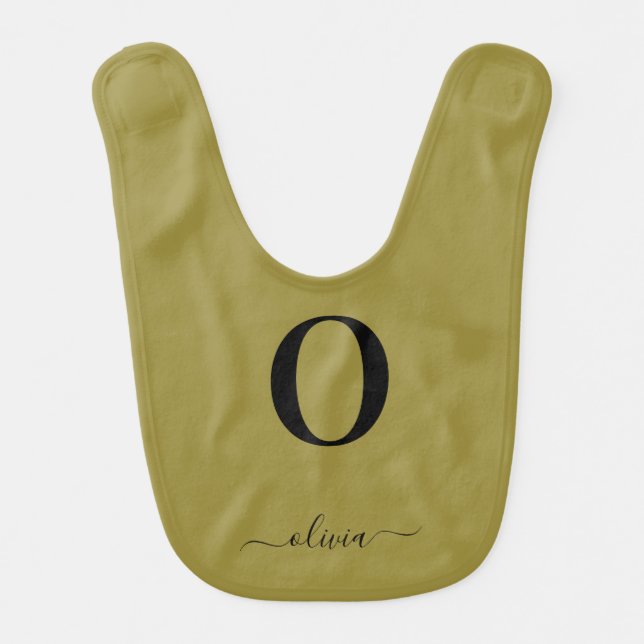 Monogram Script Name Personalized Gold And Black Baby Bib (Front)