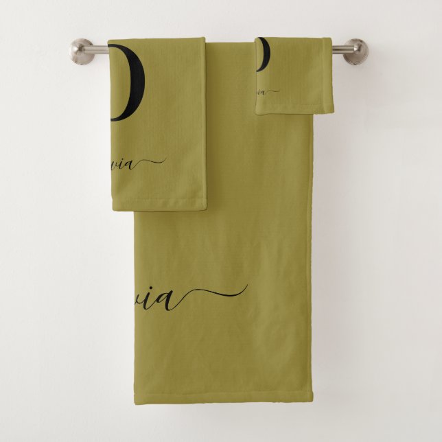 Monogram Script Name Personalized Gold And Black Bath Towel Set (Insitu)
