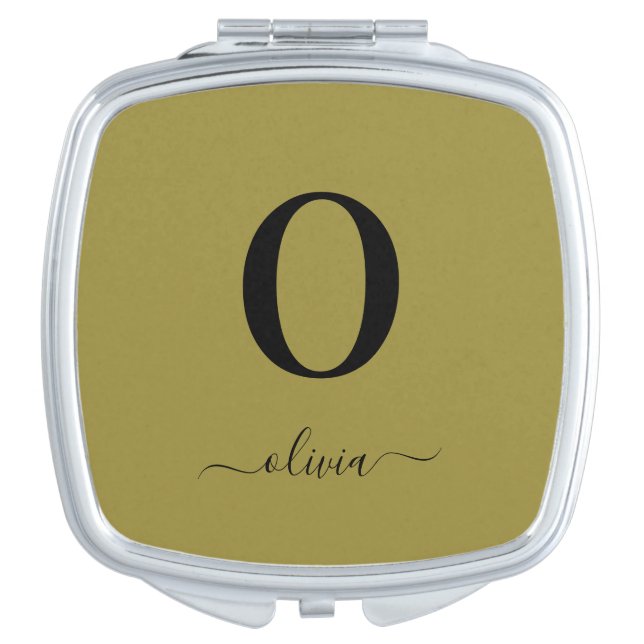 Monogram Script Name Personalized Gold And Black Compact Mirror (Front)