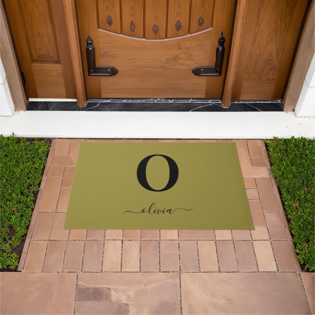 Monogram Script Name Personalized Gold And Black Doormat (Outdoor)